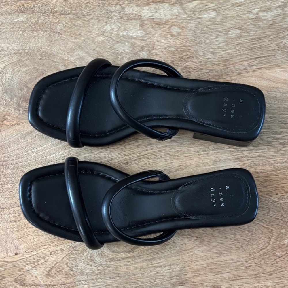 a new day Black Minimal Double-Strap Square-Toe Slide Sandals